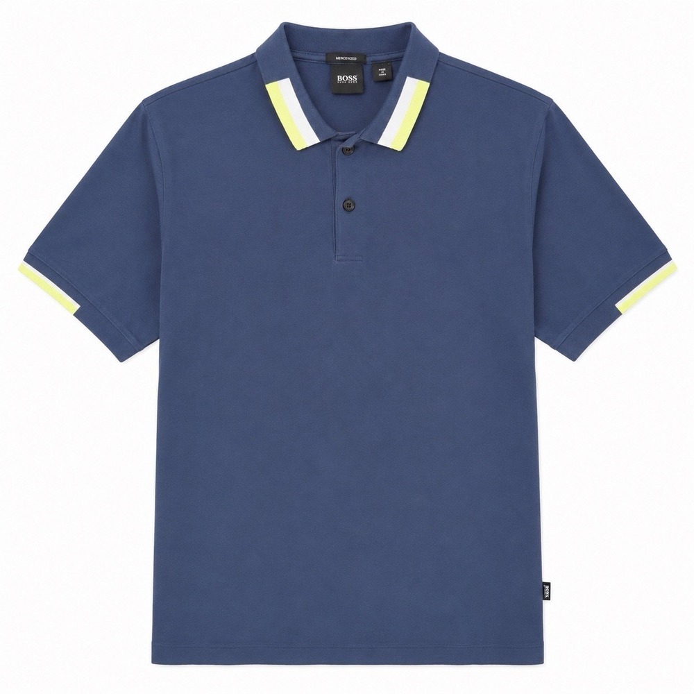 Hugo Boss Mens Mercerized Polo Shirt Blue Lime Trim Stretch Golf Casual Size M